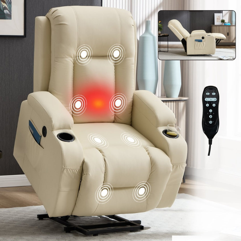 English Elm Beige Pu Leather Power Lift Recliner with Massage Lumbar Heat and Usb Charging Beige W1803S00085
