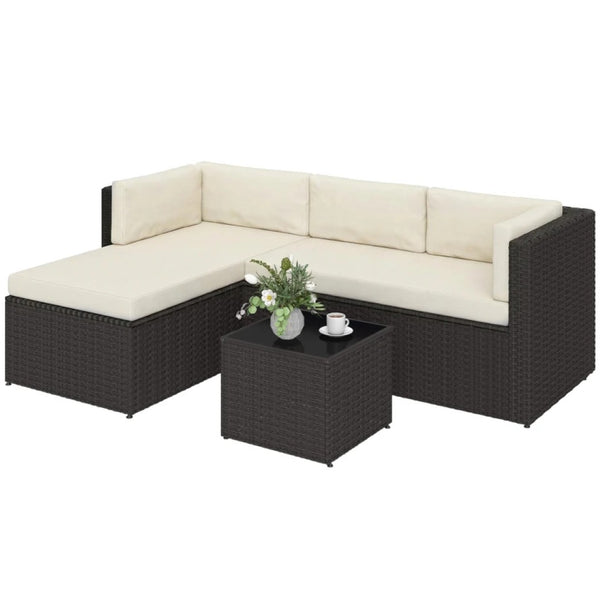 English Elm Comfortable Outdoor 3 Piece Pe Wicker Patio Set with Chaise Sofa and Glass Table Beige,Dark Brown T3971S00209