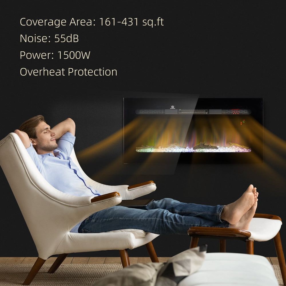 English Elm HOMCOM 36" Electric Fireplace Heater with Remote, 1500W Wall/Recessed Mount, Realistic Flames Black W2225P249833