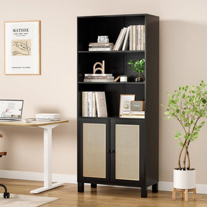 English Elm Tall Rattan Door Bookcase with 5 Shelves — Stylish Tall Storage Shelf for Living Room Office LibraryBedroom Black T3623P379897
