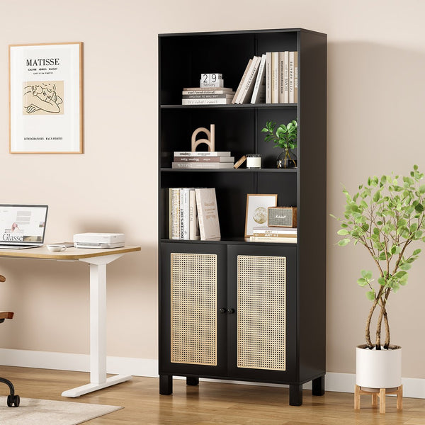 English Elm Tall Rattan Door Bookcase with 5 Shelves — Stylish Tall Storage Shelf for Living Room Office LibraryBedroom Black T3623P379897