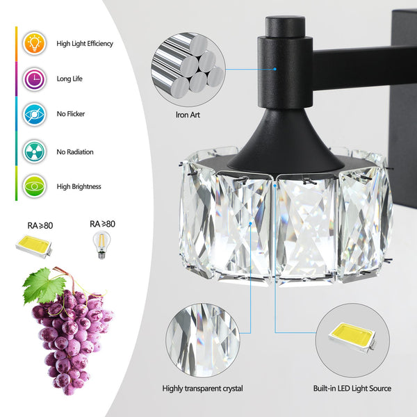 English Elm Modern 5-Light Matte Black LED Vanity Light with Crystal Shades, Dimmable 6000K 1625LM Bath Sconce W2312P374903