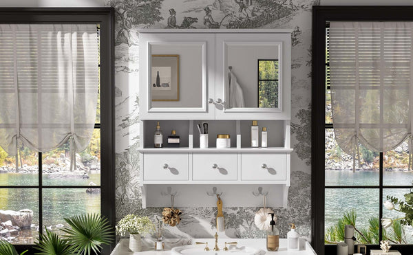 English Elm 4-in-1 Wall Mounted Bathroom Cabinet with Mirror Drawers and Towel Hooks Vanity White N710P405416K