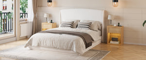 English Elm Upholstered Queen Platform Bed Curved Wingback Linen Headboard Modern Bedroom Frame Beige N733S439498A
