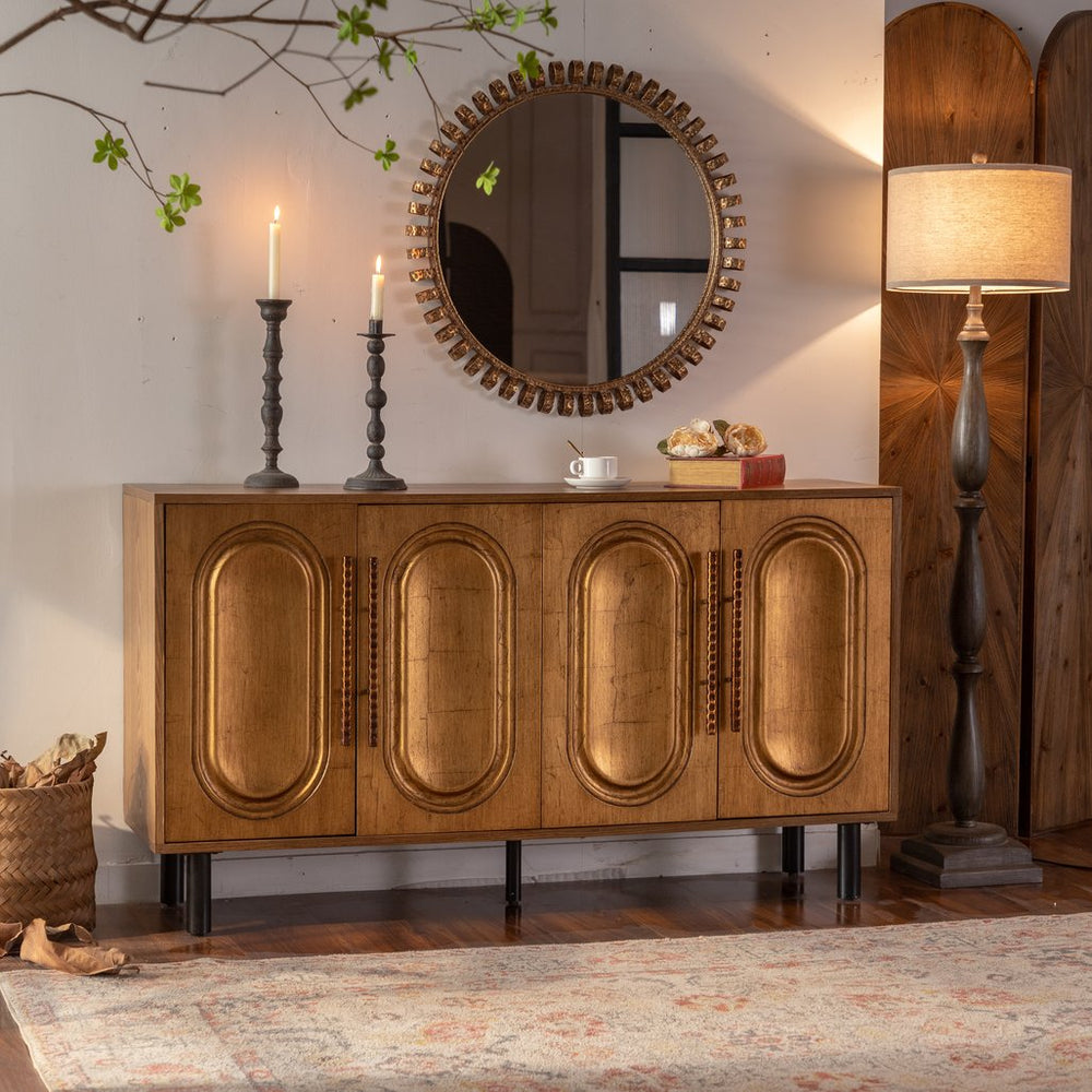 English Elm Sideboard Natural Wood Buffet Cabinet with Geometric Handleless Doors, 4-Door Adjustable Storage, Modern Entryway Console W3158P323242