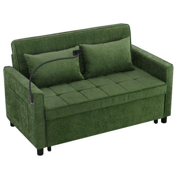 English Elm 56.9" Loveseat Sofa Bed with Chenille Upholstery, USB Ports, Phone Holder, Side Pockets, Reclining Backrest Green N719P208853F