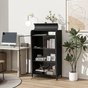 English Elm 47.6" Metal Storage Cabinet Antique Black with Tempered Glass Doors Flip-Top 4-Tier Display Buffet W3122P272697