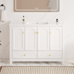 English Elm 48" White Mdf Bathroom Vanity with Integrated Resin Basin Six Storage Soft Close Doors W3133S00028