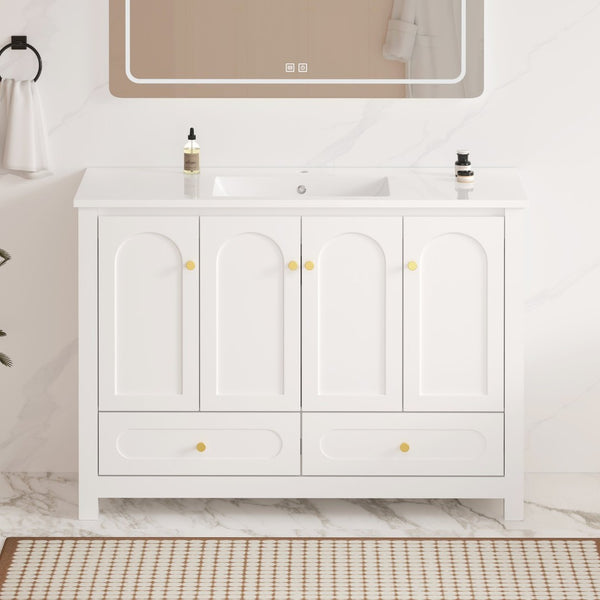 English Elm 48" White Mdf Bathroom Vanity with Integrated Resin Basin Six Storage Soft Close Doors W3133S00028