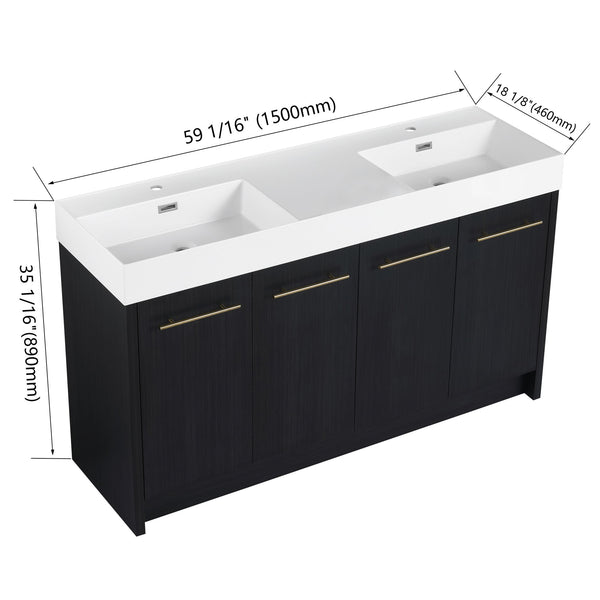 English Elm 60 Inch Freestanding Bathroom Vanity With Resin Double Sink & Soft-Close Doors For Modern Spaces W999S00181