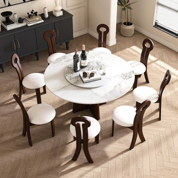 English Elm Modern Round Dining Table Set - 59" Sintered Stone Top With Walnut Base & 360° Lazy Susan For 8 People W2700S00014