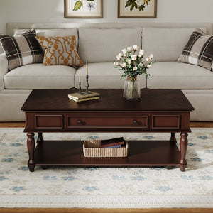 English Elm Farmhouse Retro Coffee Table with Lockable Wheels, One Drawer & Lower Shelf, Solid Wood Legs, Durable Finish Espresso N721P307935P