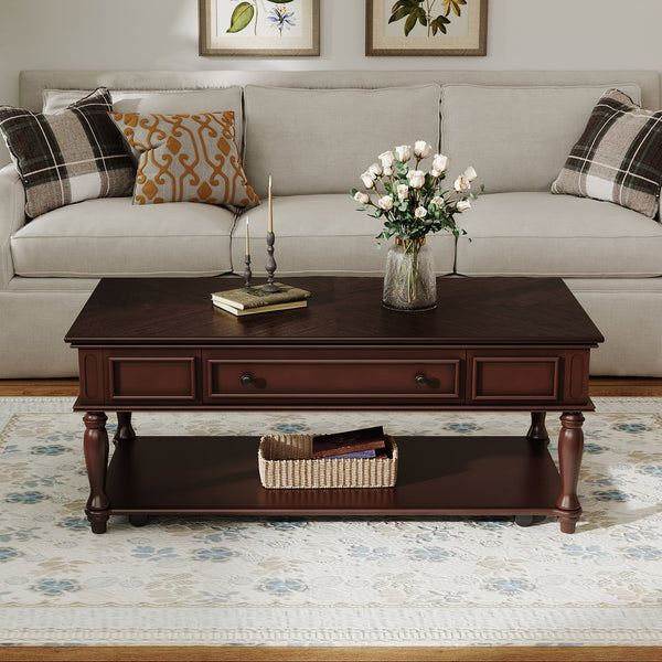 English Elm Farmhouse Retro Coffee Table with Lockable Wheels, One Drawer & Lower Shelf, Solid Wood Legs, Durable Finish Espresso N721P307935P