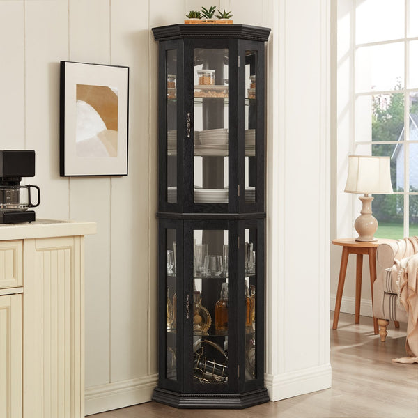 English Elm Lighted Corner Curio Cabinet - Elegant Display With Adjustable Shelves & Ambient Lighting - Black W1758P300129