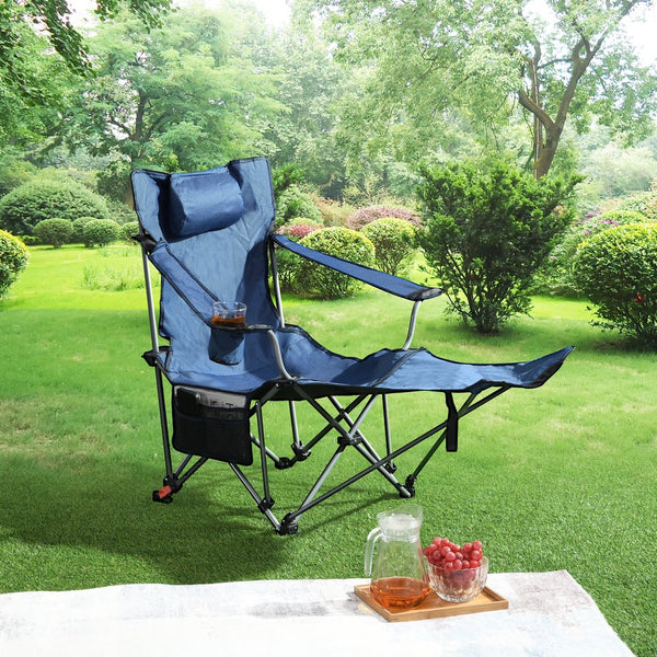 English Elm Outdoor Camping Chair Recliner Adjustable 3-Level Folding Portable with Cup Holder, Side Pockets, Dark Blue W2297P316508