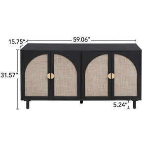 English Elm 4 Engineered Rattan 4-Door Storage Cabinet with Pine Feet, Moisture-Proof Durable Finish, Sleek Handles Black W688134376