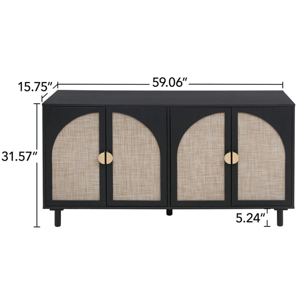English Elm 4 Engineered Rattan 4-Door Storage Cabinet with Pine Feet, Moisture-Proof Durable Finish, Sleek Handles Black W688134376