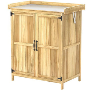 English Elm Wooden Garden Potting Bench with Fir Construction Steel Top and Weatherproof Tool Cabinet T3971P423152