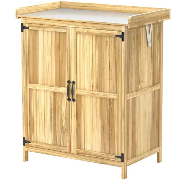 English Elm Wooden Garden Potting Bench with Fir Construction Steel Top and Weatherproof Tool Cabinet T3971P423152