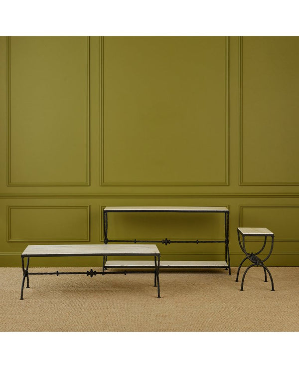 Currey & Company Agora White Travertine Cocktail Table - Greek-inspired Design With Sculptural Bronze Frame Elegance White White Travertine ,Wrought Iron 4000-0244-currey-company