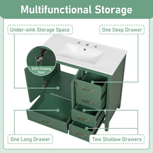 English Elm Christopher Knight Home® - 36" Vintage-inspired Bathroom Vanity with Ceramic Sink, Solid Wood Frame, Soft-Close Drawers, Spacious Storage Green N759P293646F
