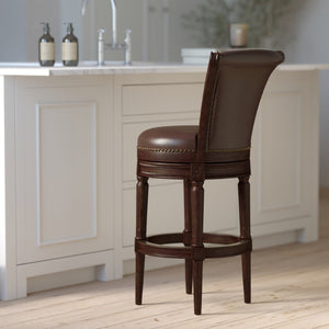 English Elm 31in. Swivel Barstool Faux Leather High Back Nailhead Trim Distressed Walnut Frame B2751P436427