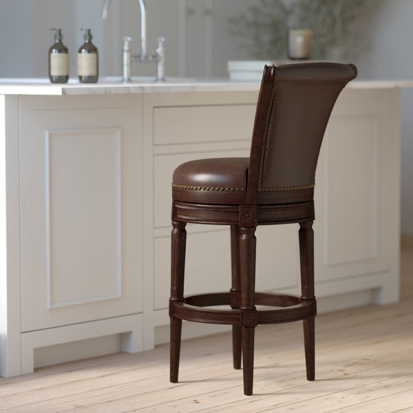 English Elm 31in. Swivel Barstool Faux Leather High Back Nailhead Trim Distressed Walnut Frame B2751P436427