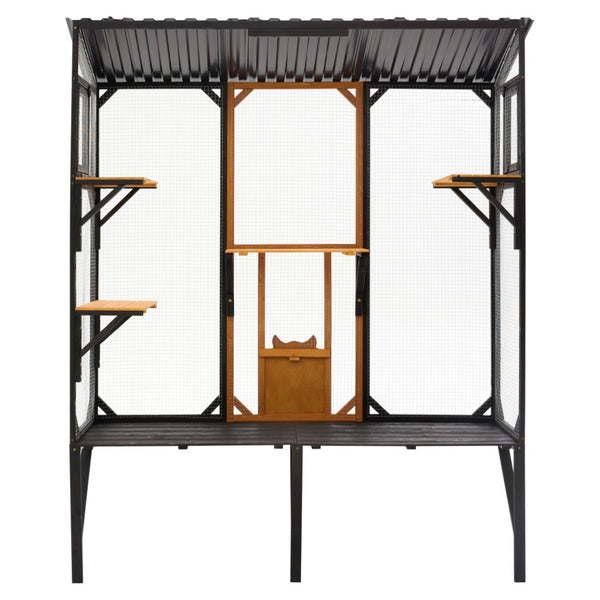 English Elm Outdoor Fir Wood Window Catio Enclosure with Four Climbing Platforms for Cats Black,Brown N719P418371D