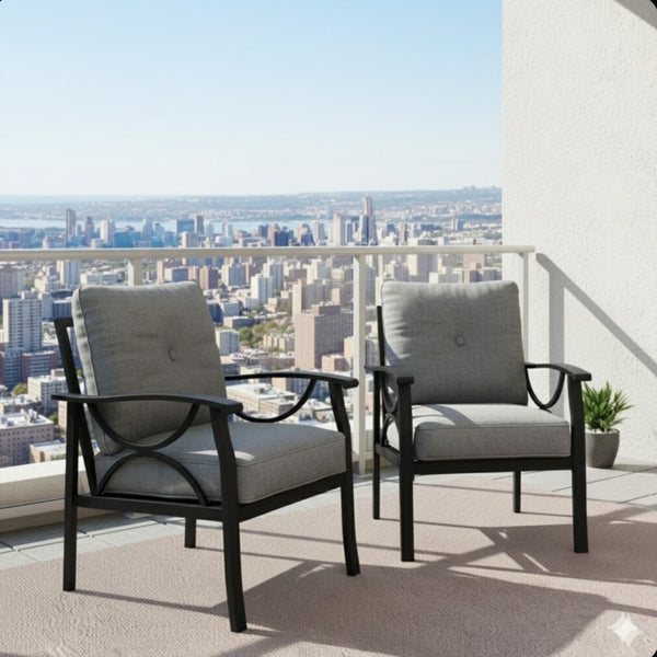 English Elm Set of 2 Outdoor Steel Armchairs Powder Coated Matte Frame with Cushioned Patio Seating Black+ Gray B082P455145