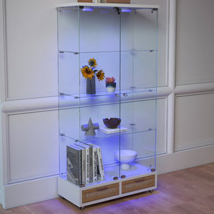 English Elm Modern Glass Display Cabinet With Led Lighting, Lockable Drawers, And Adjustable Shelves For Home Décor W241S00059