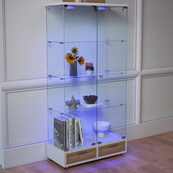 English Elm Modern Glass Display Cabinet With Led Lighting, Lockable Drawers, And Adjustable Shelves For Home Décor W241S00059
