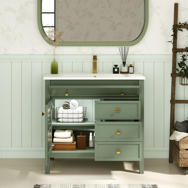 English Elm 35.6" Freestanding Bathroom Vanity with Roman Column Base and Ceramic Integrated Sink Green W1801S00010