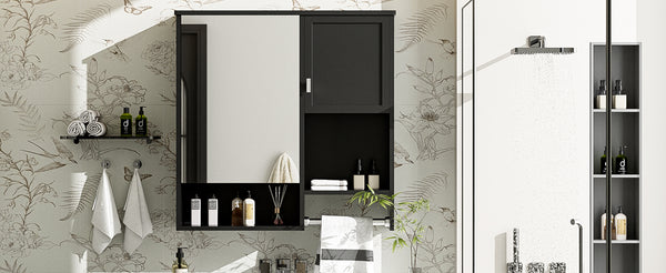 English Elm 29'' Modern Wall Mounted Medicine Cabinet with Mirror, Spacious Adjustable Shelves, Towel Bar and Durable MDF Finish Black N710P209440B
