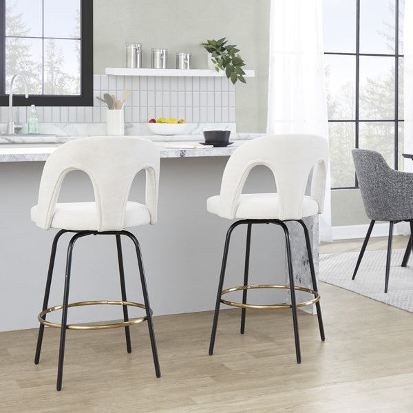 English Elm Fixed-height Swivel Counterstools with White Upholstery Gold Footrest Set of 2 B202S01784