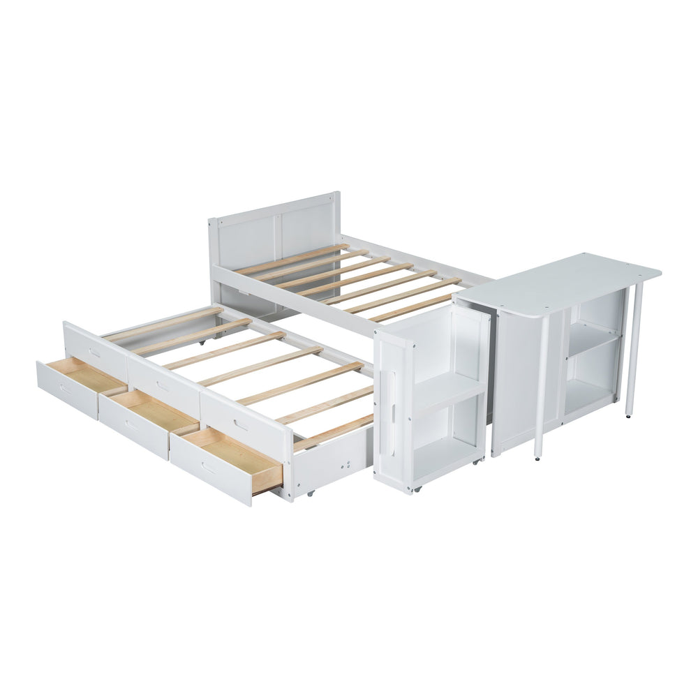 English Elm Twin Multifunctional Wood Platform Bed with Built-In Desk, Trundle & 3 Drawers for Small Spaces White 44.3 L x 23.1 W x 9 H N733S212832K