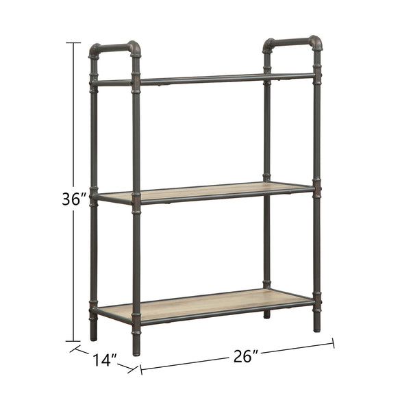 English Elm 3 Tier Bookshelf Industrial Metal Frame with Antique Oak Shelves, Sandy Gray Finish, Modern Sturdy Storage B016P311282
