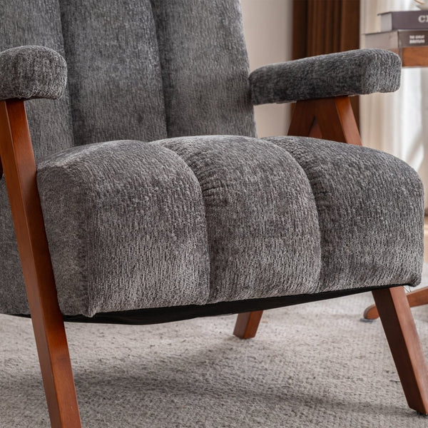 English Elm Mid-century Modern Chenille Lounge Chair Set Oak Frame Cloud Silhouette Living Room Gray W1170S00050