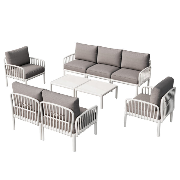 English Elm Christopher Knight Home® - 9 Modern 9-Piece Patio Conversation Set with Deep-Seating Waterproof Cushions and Glass Tabletop White+gray N780P1994544499W