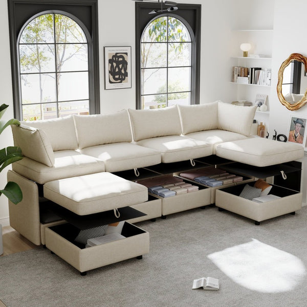 English Elm Modular Sectional Sofa with Under Seat Storage Converts to Sleeper for Living Room Beige W680S00136