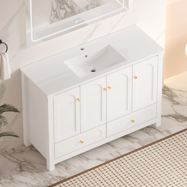English Elm 48" White Mdf Bathroom Vanity with Integrated Resin Basin Six Storage Soft Close Doors W3133S00028