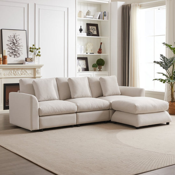 English Elm MH102.2 Modular 102.2" L-Shaped Sectional Sofa with Ottoman, 3 Cushions & Pillows, Upholstered Comfort Beige W1193S00136