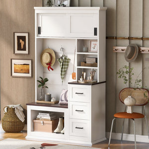 English Elm U-can Hall Tree with Storage Bench Three Drawers Open Shelves and Hooks for Entryway N724P380403K