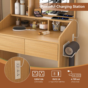 English Elm Vanity compact dressing desk with LED mirror, 3-color dimmable lights, drawers, stool, outlet Wood W2699P345799