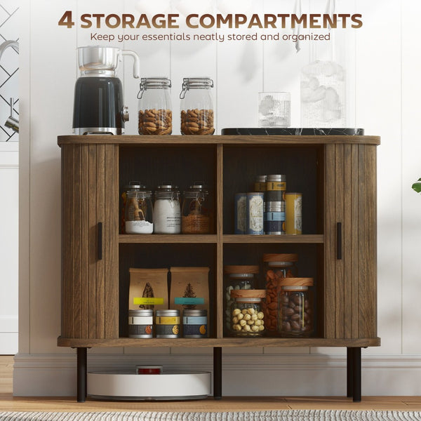 English Elm Storage Sideboard with Tambour Slatted Doors Walnut Finish and Black Metal Legs T3971P390804