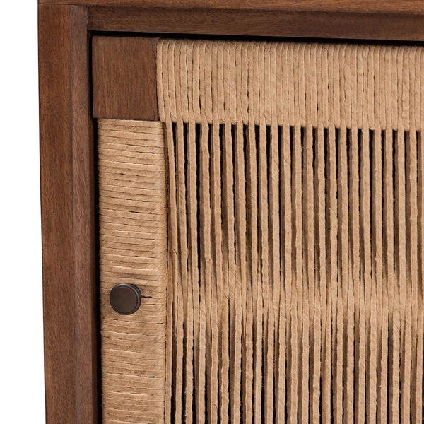 English Elm Modern Bayur Wood Nightstand with Rope Webbing Door and Walnut Finish Boho Bedroom B2750P420387