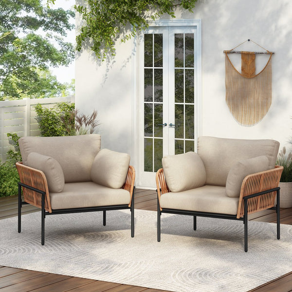 English Elm Christopher Knight Home® - [Set Of 2] 36" Beige Rope Iron Lounge Chairs With Cushions - Perfect For Indoor & Outdoor Spaces N767P237035N_2