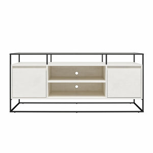 English Elm Camley Industrial Media Console with Fluted Glass Panels and Open Component Shelving B2733P444609