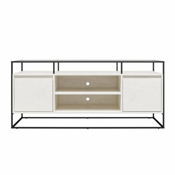 English Elm Camley Industrial Media Console with Fluted Glass Panels and Open Component Shelving B2733P444609
