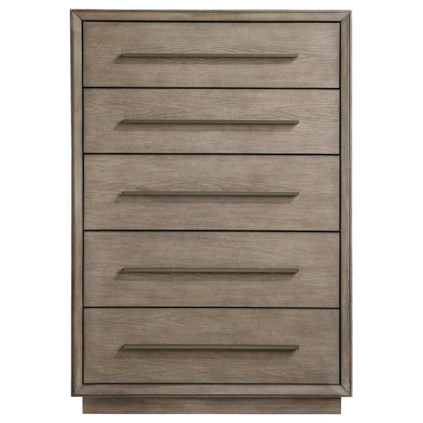 English Elm Prescott Taupe Oak Grain 5 Drawer Chest with Mitered Trim and Modern Bar Pulls B062P441125