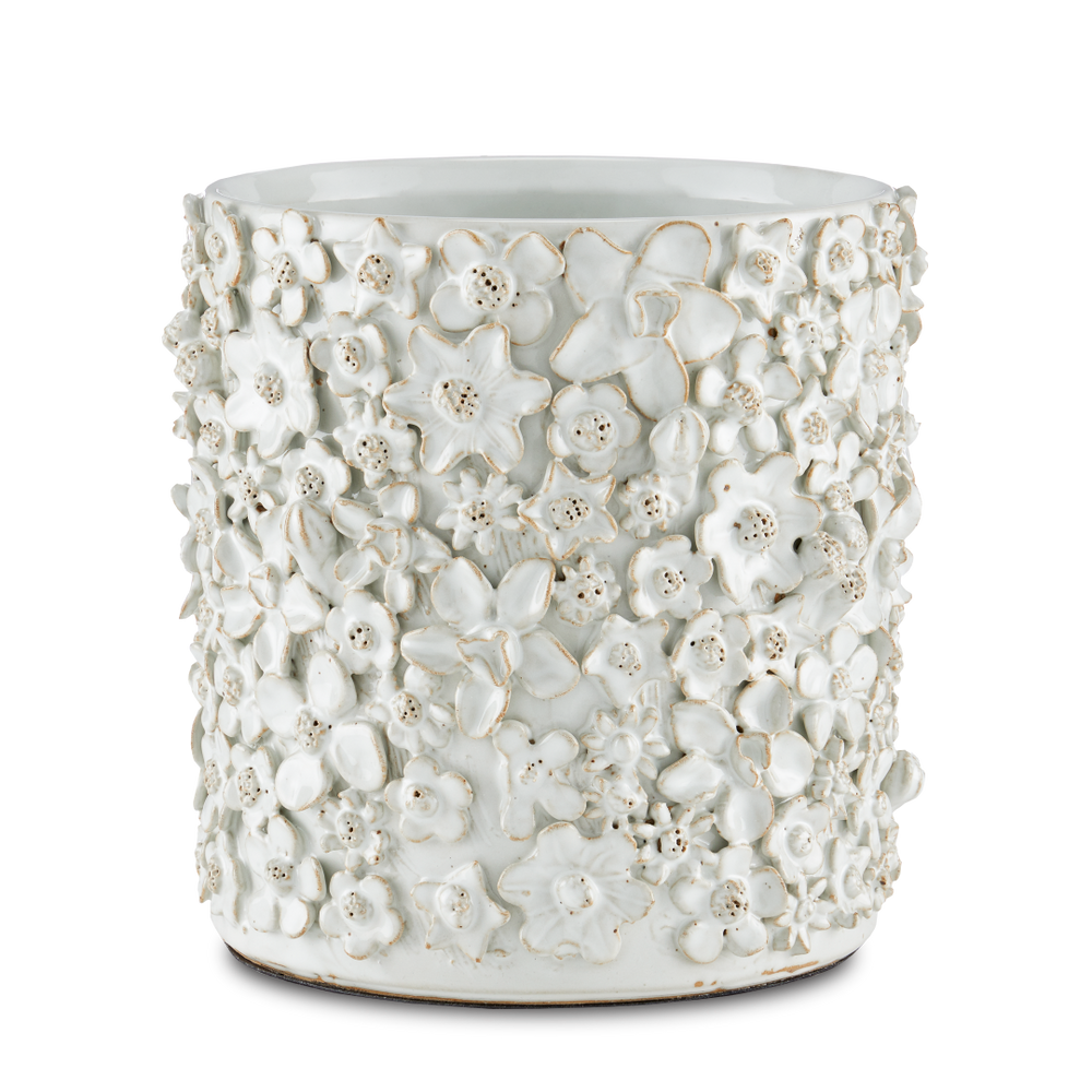 Jessamine Decorative White Cachepot - Artisan-Crafted Floral Design for Indoor Plant Display